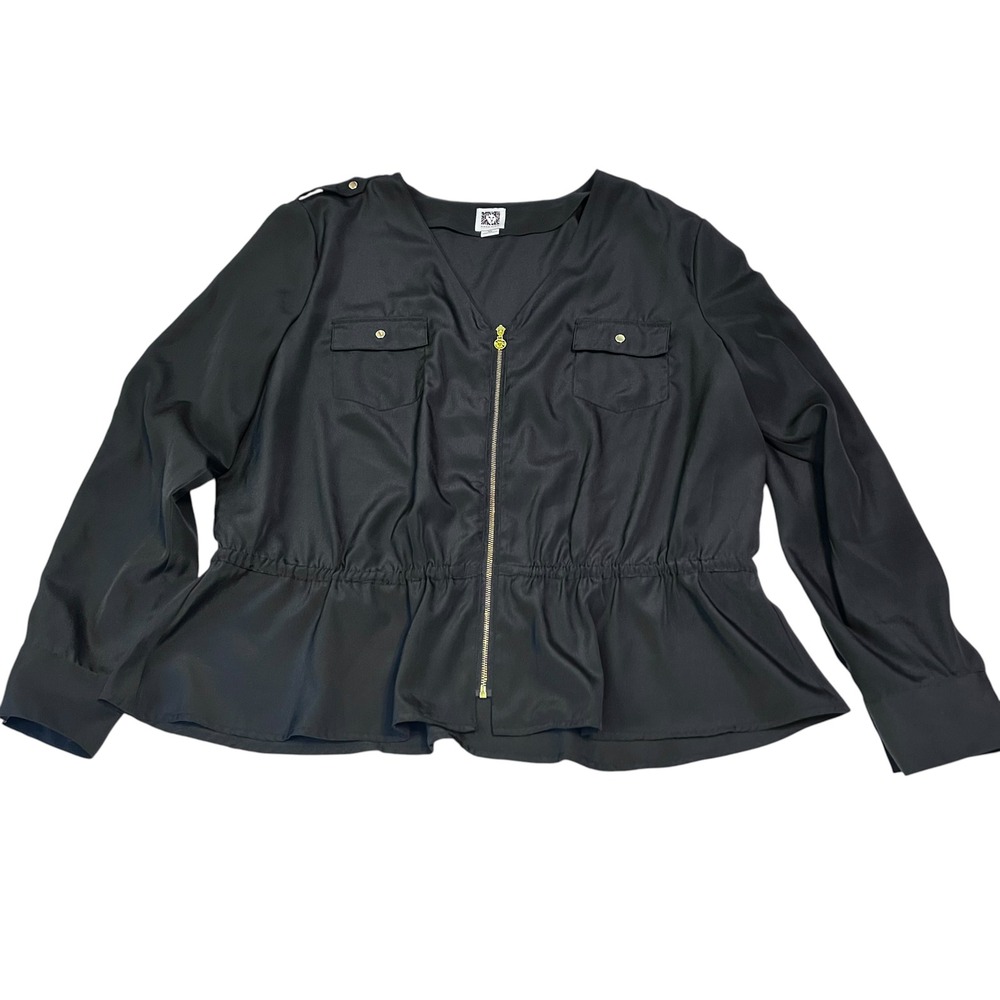 Anne Klein Black Cinch Waist Blouse‎ XL Gold Zip Utility Military Style